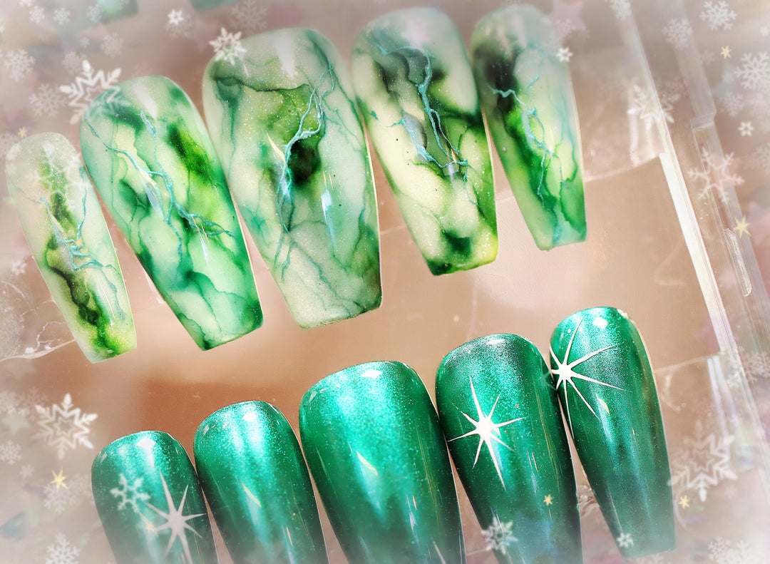 Drunken Holiday Press-On Nails—Green Chrome