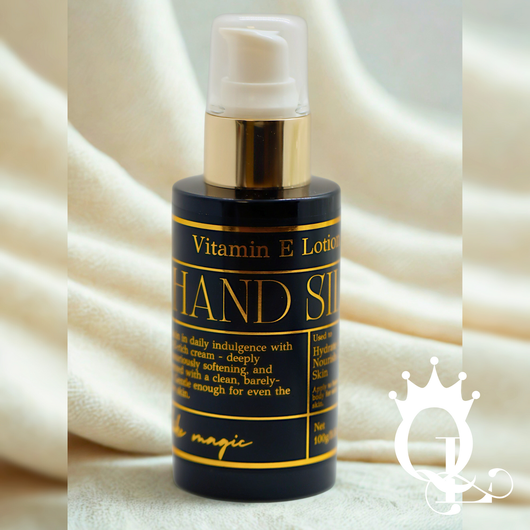 Vitamin E lotion bottle with gold cap on a beige fabric background