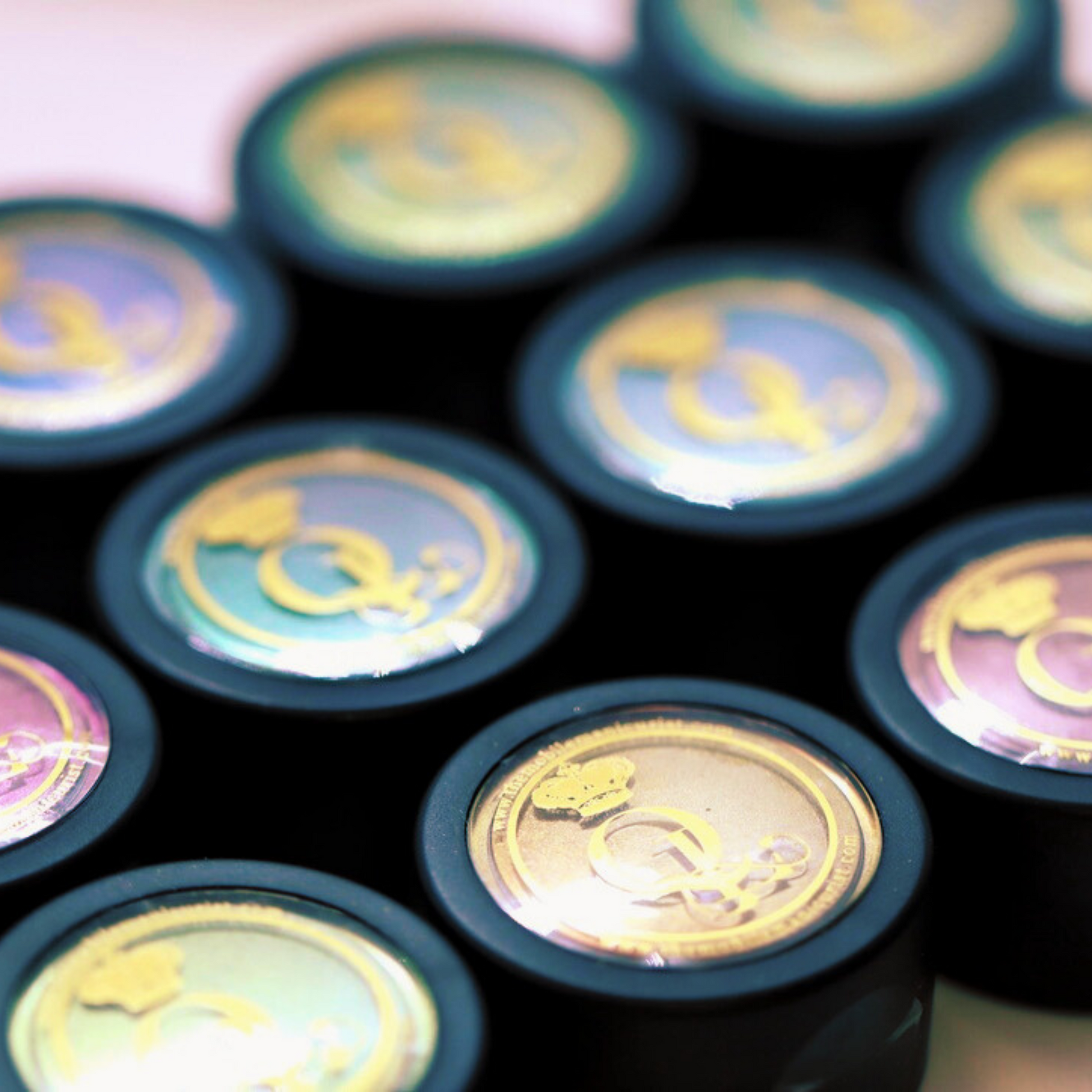 Close-up of round, colorful OmniChrome Powders with a central Queen Ladybug Logo on a jar.