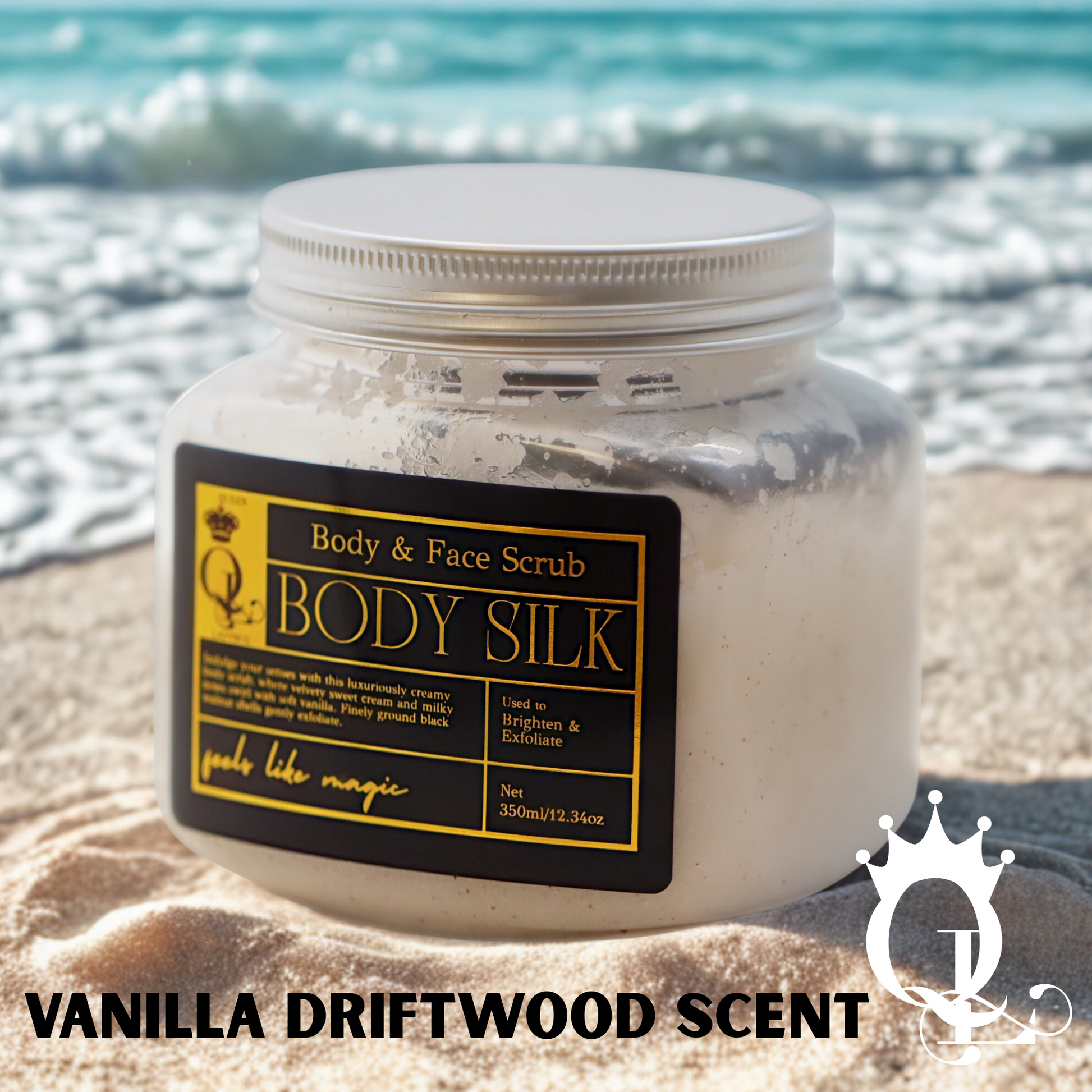 Jar of Body Silk body scrub with vanilla driftwood scent on a beach