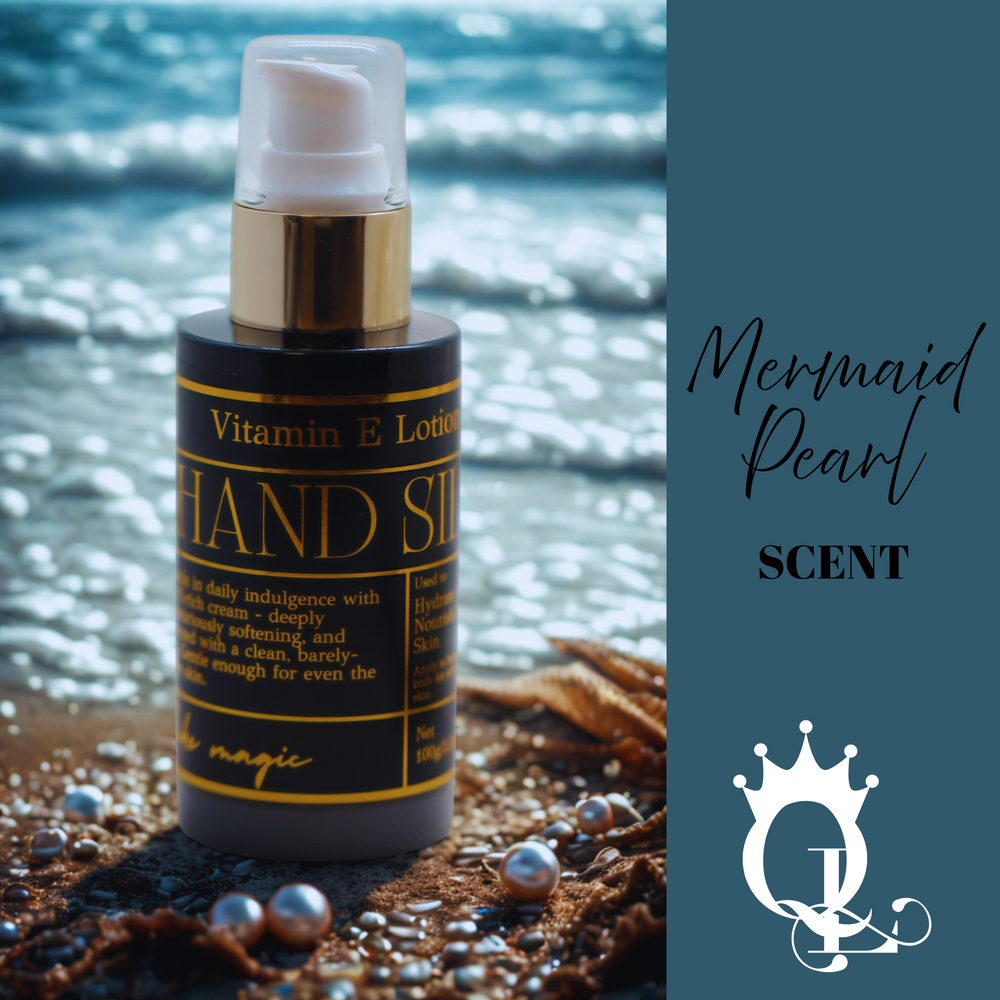 Hank Silk lotion bottle with 'Mermaid Pearl Scent' label against a water background