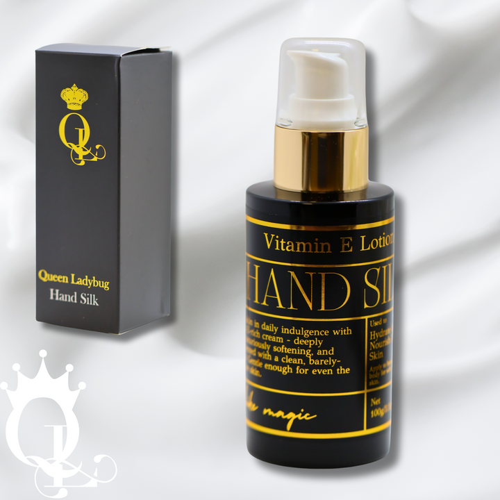Queen Ladybug Vitamin E Lotion Hand Silk bottle and packaging on a white lotion background