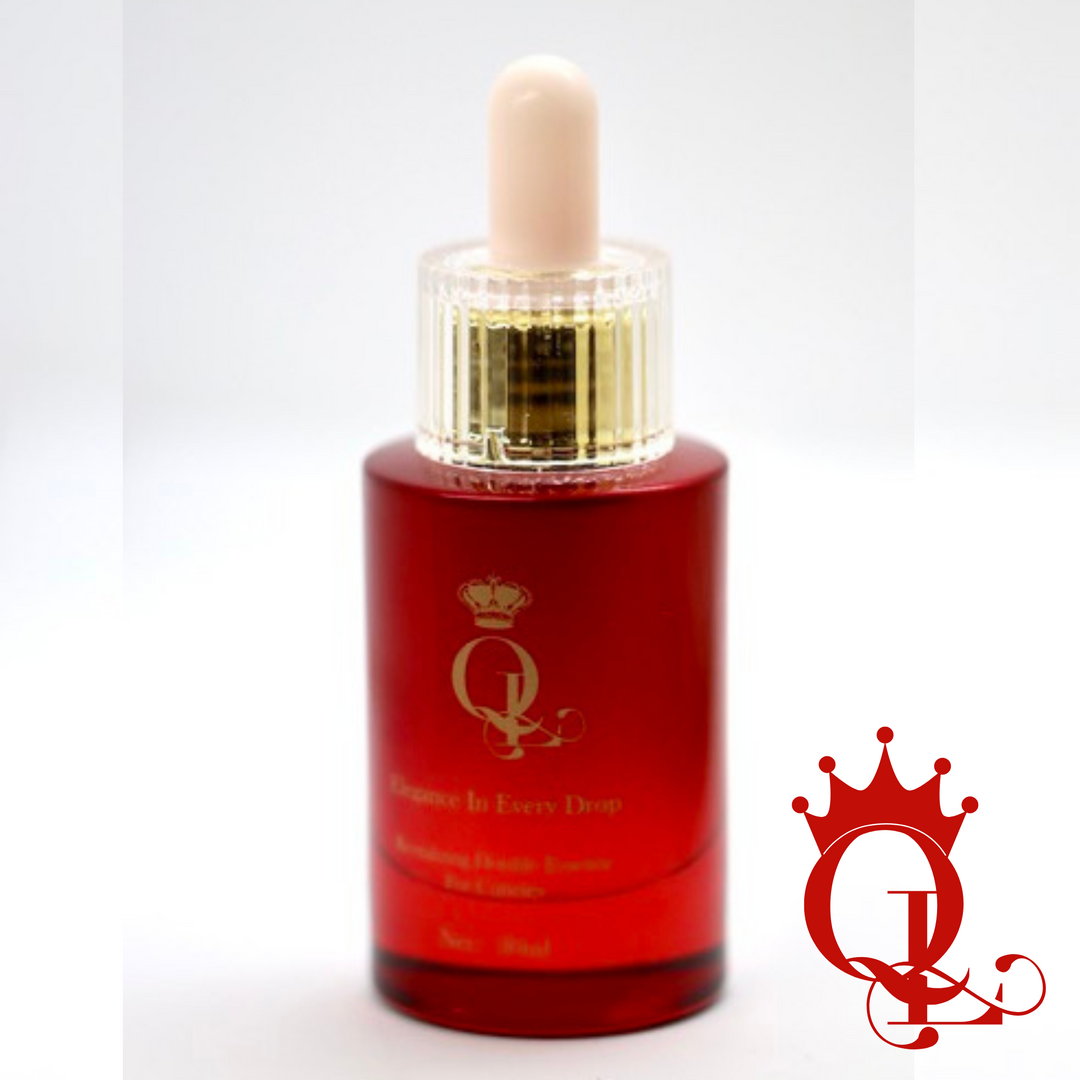 Red glass dropper bottle of cuticle oil, with a gold cap on a white background