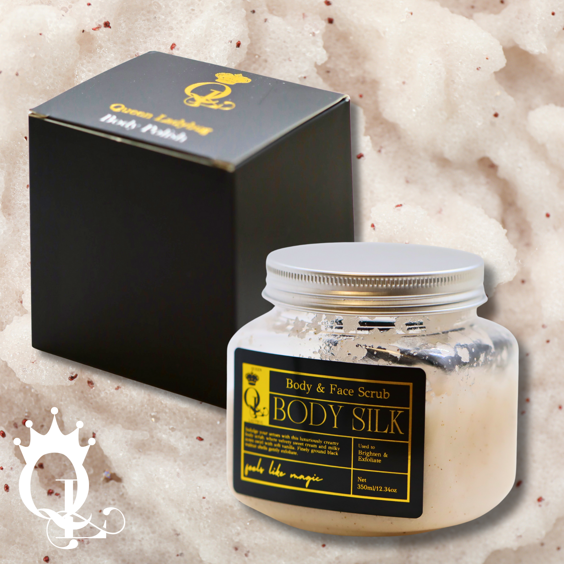 Jar of Body Silk body scrub with packaging on a body scrub background