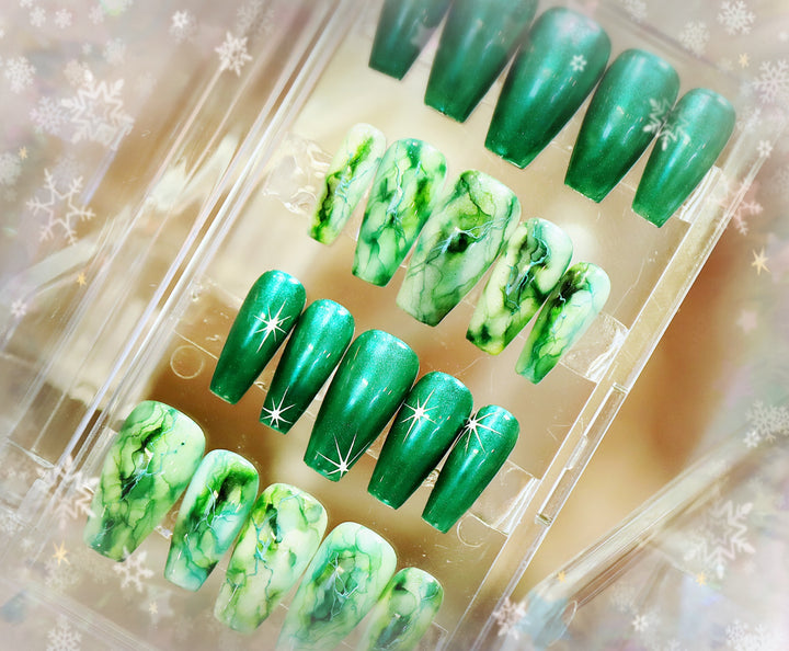 Drunken Holiday Press-On Nails—Green Chrome