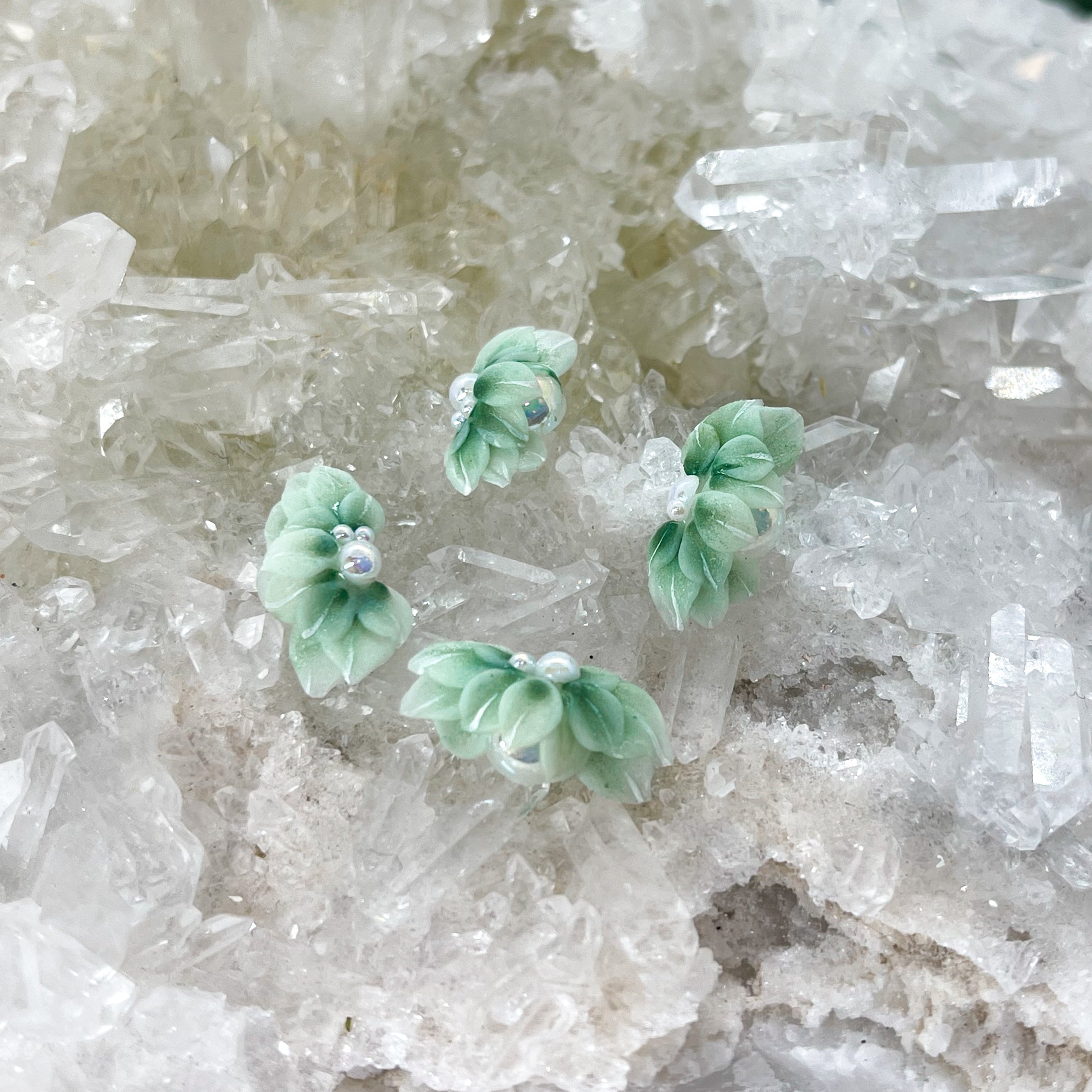 Green Pearl Poinsettia Flowers -- Handmade 3D Nail Embellishments